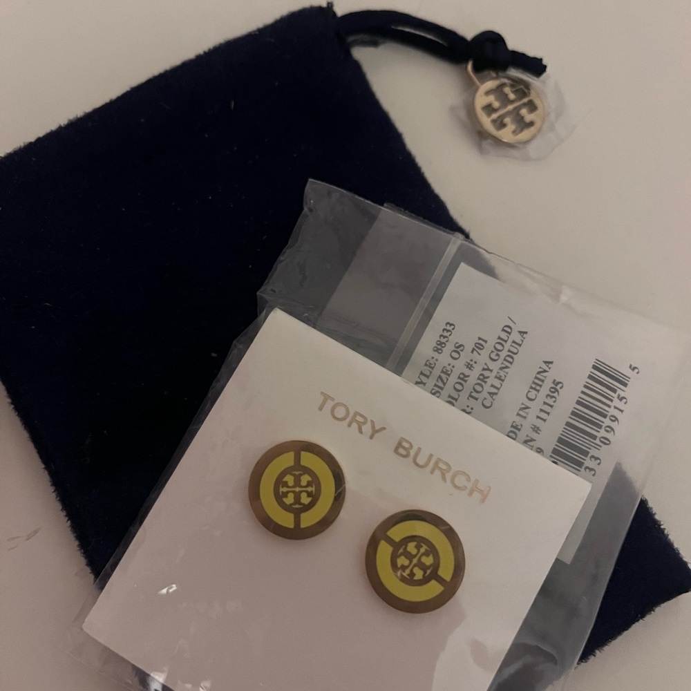 Tory Burch Gold and Brown Logo Earrings